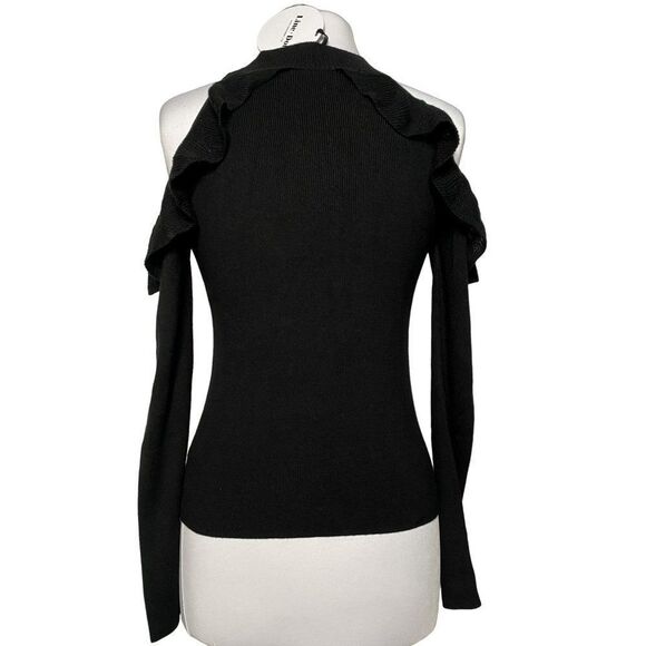 Line & Dot Black Ruffled Cold Shoulder Sweater Sz S Mock Turtleneck Long Sleeves - Picture 4 of 6